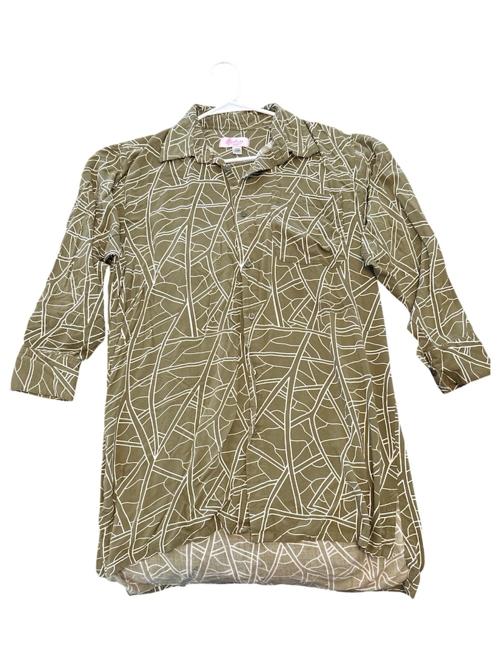 Wehi’ Boutique Olive Green Hawaiian Patterned Button-Front Tunic Sz S/M